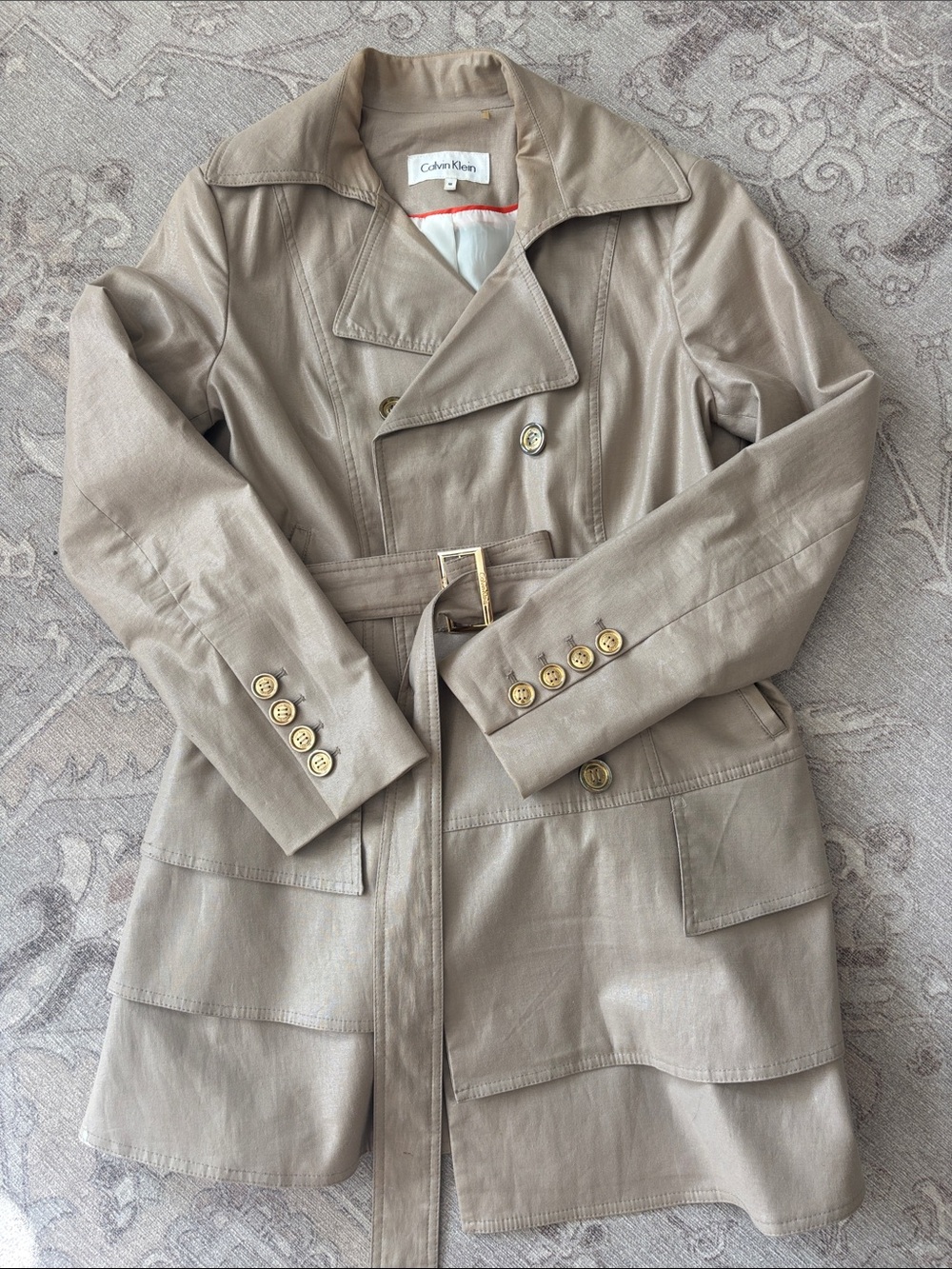 Vintage Calvin Klein Shimmer Taupe Trench Coat with Belted Waist